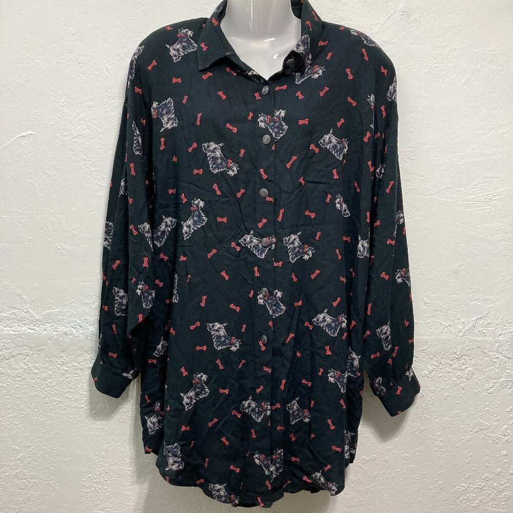 Vintage Stephanie Thomas Sport Button up Shirt Long Sleeve Terrier Dog Black 14